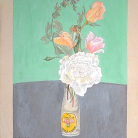Alexandra Lewisohn Still life Roses with Limoncello Bottle 45 x 30cm sold