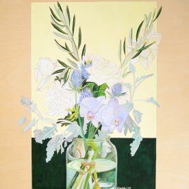 Alexandra Lewisohn Dark Green and pale Yellow Still Life Flowers 61 x 46cm SOLD
