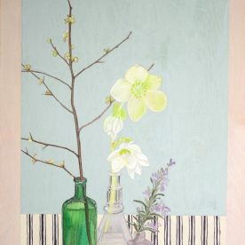 Alexandra Lewisohn Still Life with Japonica Buds, White Hellebores & Rosemary 45 x 30cm SOLD