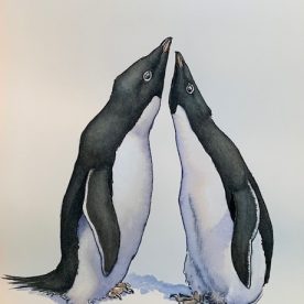 Richard Weatherly Adelie Penguin pair necking Part 2 of Triptych Pen & Ink with wash $1,800