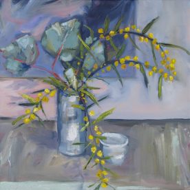 Wendy Jagger Wattle and Blue Gum, Oil, 40x40cm Framed SOLD