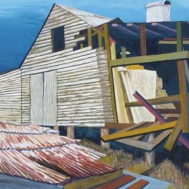 Linda Gallus 'Another Gust of Wind' Acrylic on canvas 50 x 100cm 'This artwork is not for sale. It will form part of a new installation The White Farm: Art, Heritage and the Bellarine opening at the National Wool Museum on 29 April 2021.'