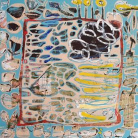 Margaret Delahunty Spencer Postcard from Shelly Beach Acrylic & oil paint, conte stick on canvas 1250 x 1250mm $2,600