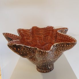 Kirsty Manger Shell Series Bowl, Raku clay, coloured slip, various glazes, 36 x 19.5cm $315