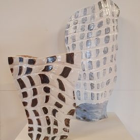 Kirsty Manger Shell Series Vases 1 & 3 Raku clay, coloured slip, various glazes, $185 SOLD $255