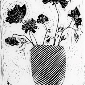 Pauline Fraser Ranunculi in a Stripy Vase Lino Print Ed of 10 400 x 290mm Unframed $350Framed $680 Available