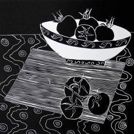Pauline Fraser Tomatoes in a Bowl Lino Print Ed 15 230 x 230mm Unframed $300 Framed $600