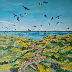 Linda Gallus Ancient Flight Path - from the Sea to the Lakes Acrylic on Canvas 92 x 92cm $2,750
