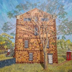 Linda Gallus Flour Mill Time Warp Acrylic on Canvas 102 x 102cm $2,800