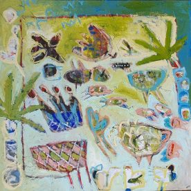 Margaret Delahunty Spencer Happy Birthday #1 Postcard series Oil & acrylic on canvas 1250 x 1250mm Natural Frame sold