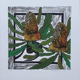Amabile Dalfarra-Smith Banksia Linocut on Archival Paper Handcoloured 300 x 300mm Framed 610 x 575mm $600 Unframed $300