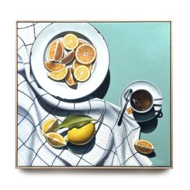 Kylie Sirett If Life Is a Cup Of Tea, Gratitude is the Honey that makes it sweet Oil on Linen 87 x 91.cm $2,990
