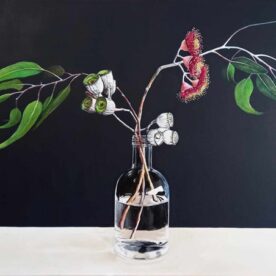 Helen Masin Gum Blossom in Gin Bottle Acrylic on Canvas 535 x 800mm Natural Frame $1,450