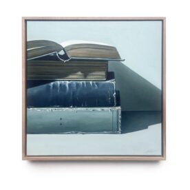 Kylie Sirett, Knowledge is a process of piling up facts, wisdom lies in their simplification 2025 Oil on linen, 50.5 x 50.5cm, Natural frame $1,990 sold