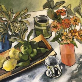 Veronica O'Leary, Fruit, Flowers and Gosia's Mug, 2025, Oil on board 40.5 x 51cm, Natural frame, $1,850