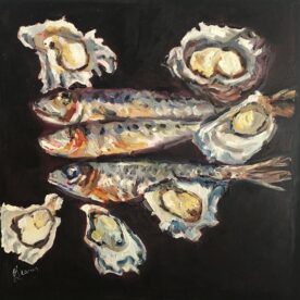 Veronica O'Leary, Oysters and Pilchards, 2024, Oil on board, 31 x 31cm, $850