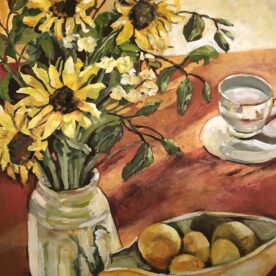 Veronica O'Leary, Sunflowers in the Winter Sun, 2025, Oil on board 51 x 40.5cm, Natural frame, $1,850