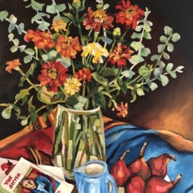 Veronica O'Leary, Zinnias for Hortense, 2024, Oil on board, 51 x 41cm, $1,850