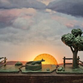 Larissa Gray, Sunset on the Farm, Bronze, glass, wood, Unique, $5,000